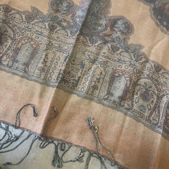 Beautiful Scarf Wrap Shawl Butterfly And Floral Design Orange Brown Fringe 70x26 - Picture 6 of 7